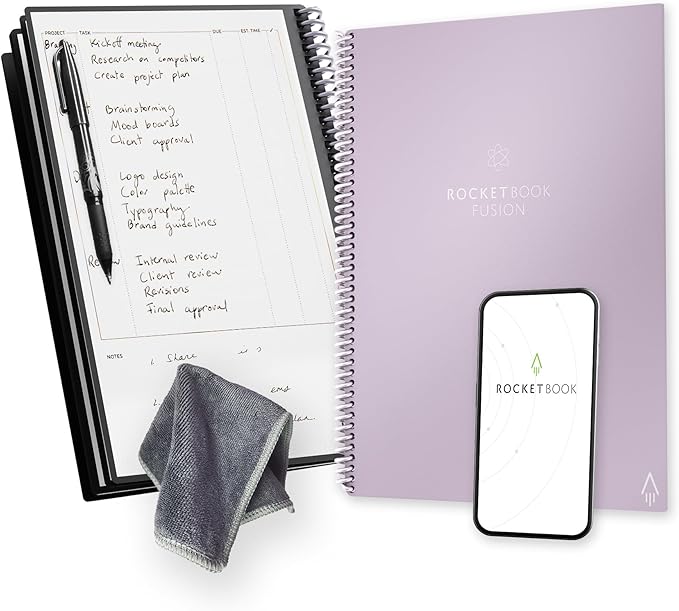 Rocketbook Fusion Reusable Undated Productivity Planner, Letter Size 8.5x11, Lilac - Goals, Monthly and Weekly Calendar, Daily To-do List, Lined and Dotted Notes Pages