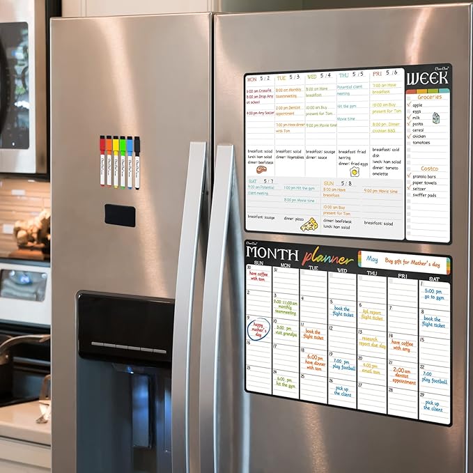 Magnetic Dry Erase Monthly and Weekly Calendar - 17"x12" Monthly and Weekly Whiteboard for Fridge - 6 Extra Fine Point Markers Included - Shipped Flat