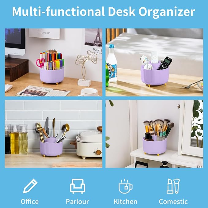 Marbrasse Desk Organizer, 360-Degree Rotating Pen Holder for Desk, Desk Organizers and Accessories with 5 Compartments Pencil Organizer, Art Supply Storage Box Caddy for Office, Home(Purple)