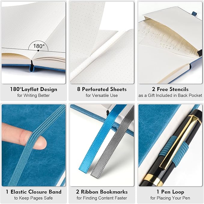 Dotted Journal Notebook, B5 Hardcover Bullet Notebook, 312 Numbered Pages Leather Notebook, 100gsm No Bleed Paper Dot Grid Notebook with Index Pages for Women Men, 7.6'' X 10'', Blue