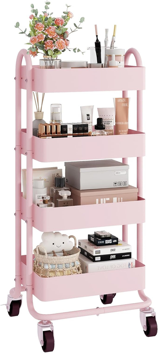 4-Tier Pink Rolling Cart,Metal Utility Rolling Cart with Handle,Multifunction Rolling Carts with Wheels,Kitchen Storage Carts Suitable for Office,Home,Kitchen,Garden(13.4"x18.1"x40") Pink