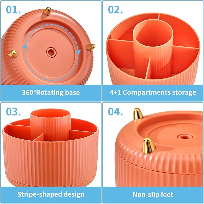 Marbrasse Desk Organizer, 360-Degree Rotating Pen Holder for Desk, Desk Organizers and Accessories with 5 Compartments Pencil Organizer, Art Supply Storage Box Caddy for Office, Home (Orange)