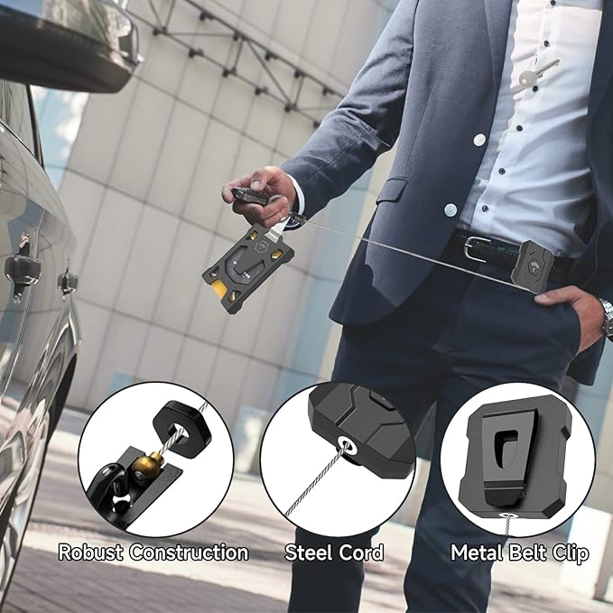 Retractable Keychain Badge Holder with Belt Clip, Heavy Duty Carabiner ID Badge Clip Reel, 31.5” Steel Retractable Cord, 10 oz Rebound,Black-1 Pack (with 1 Badge Clip)