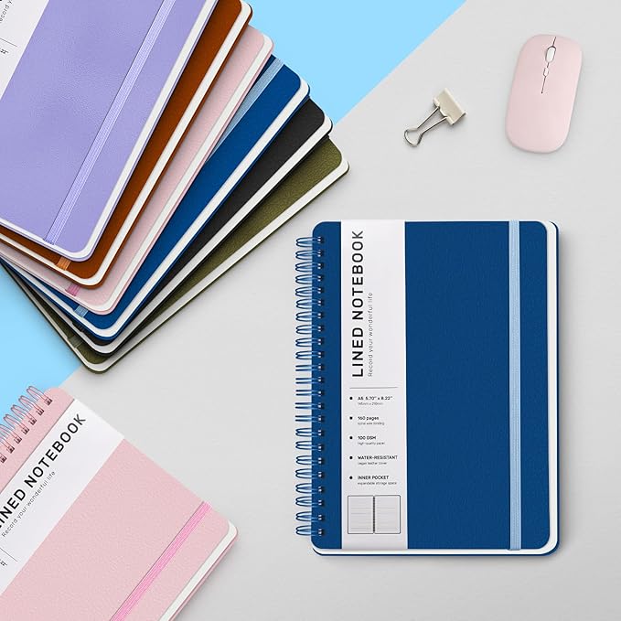 Lined Spiral Journal Notebook, A5 Hardcover Leather Notebook for Work, 5.7''×8.2'', 100GSM Thick Paper Spiral Bound Journaling Notebooks for Women & Men Office School Note Taking Business, Blue