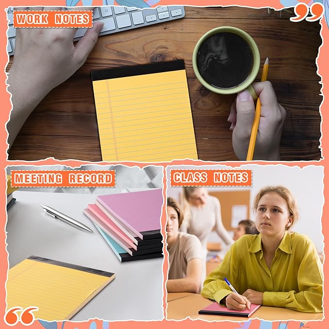 Lincia 12 Pcs 5" x 8" Colored Note Pads Mini Legal Pads Ruled 50 Sheets Per Micro Writing Pads Perforated and Lined for College Office Supplies (Bright Colors)