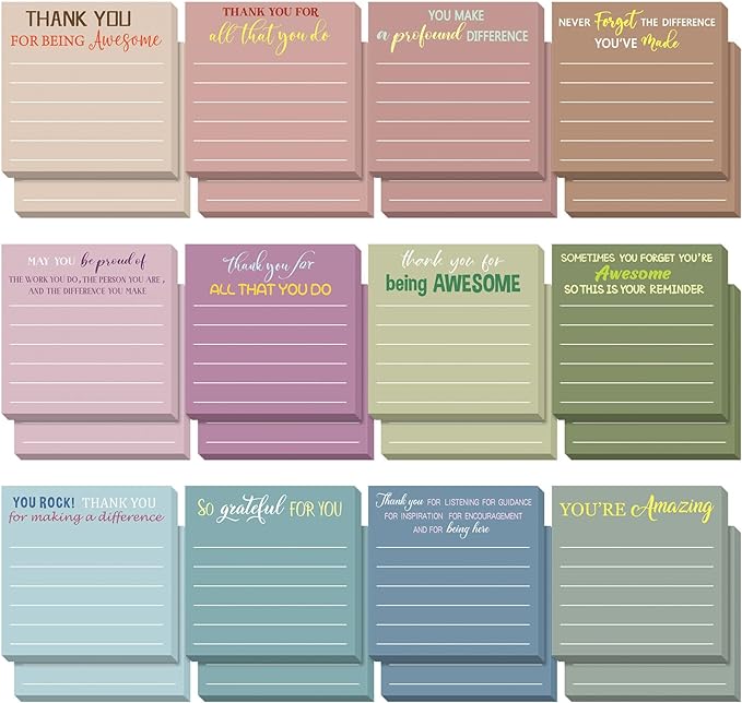 Yinder 24 Pcs Employee Appreciation Sticky Notes Thank You Gifts Bulk Note Pads with Sayings Teacher Gift Mini Pocket Inspirational Notepads for Coworker Office Supply 3 x 3''(Morandi,Thanks)