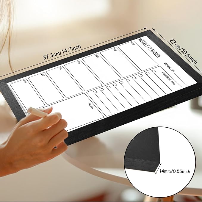 Dry Erase White Board Weekly Calendar Board, Magnetic Whiteboard for Wall, 10.5“x14.5” Solid Wood Black Framed Message Board, Planner Board for Office, Home, School(Weekly-BB-BK-2737)