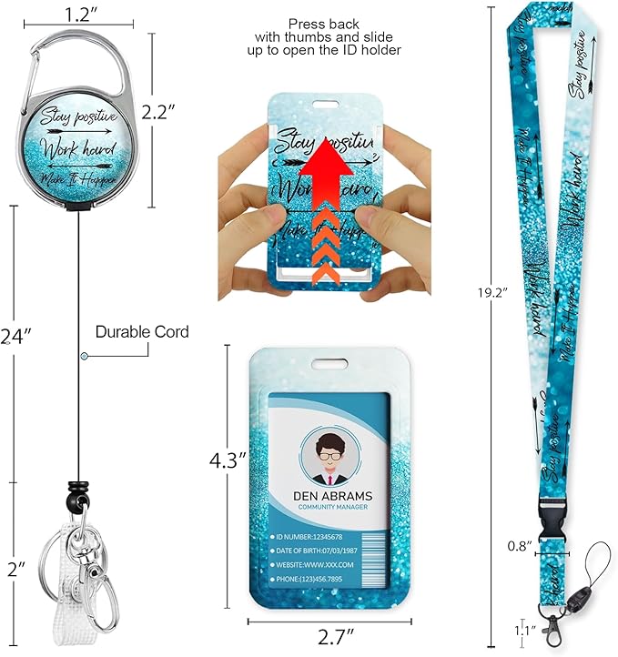 Lanyards for Id Badges, Positive Badge Holder with Retractable Reel Clip, Inspirational Quote Card Name Tag Lanyard Vertical ID Card Protector Case for Women Nurse Doctor Teacher Student Blue