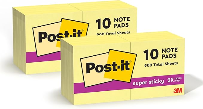 Post-it Super Sticky Notes, 2x2 in, 10 Pads, 2x the Sticking Power, Canary Yellow, Recyclable (622-10SSCY) (Pack of 2)