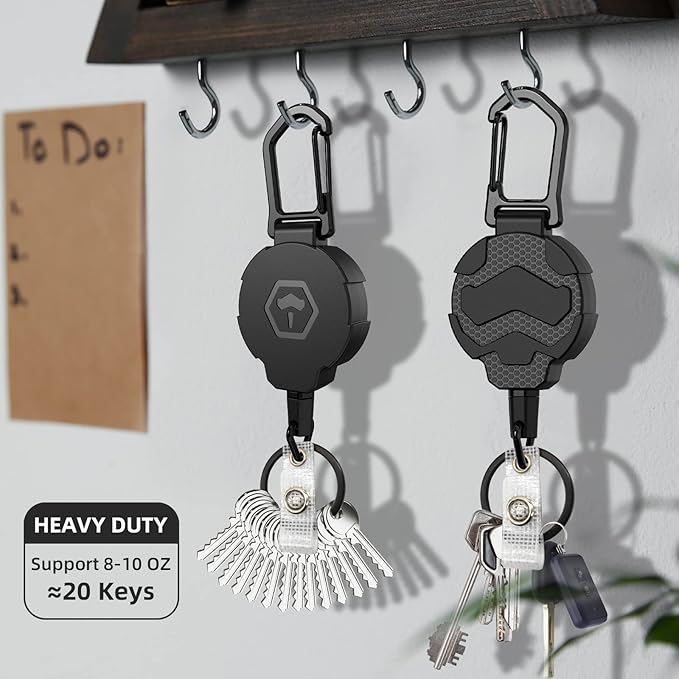 Retractable Keychain Badge Holder with Belt Clip, Heavy Duty Carabiner ID Badge Clip Reel, 32” Steel Retractable Cord, 10 oz Rebound,2pcs Black Keychain