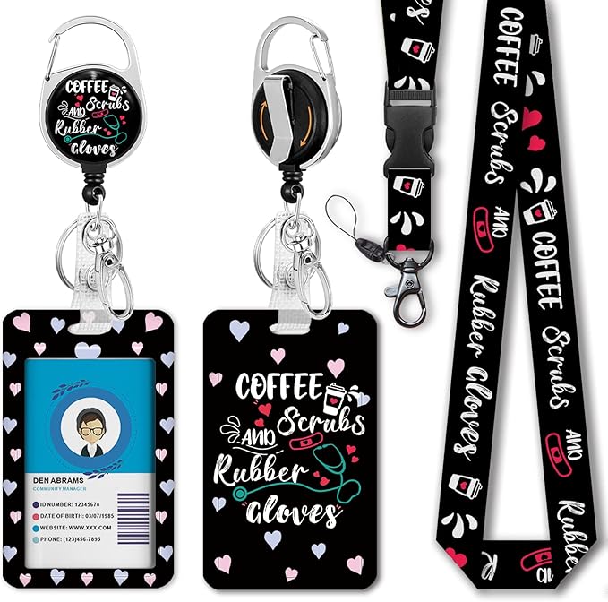 Funny Nurse ID Badge Holder with Lanyard, Coffee Scrubs and Rubber Gloves Badge Reel Retractable with 360 Degrees Rotate Carabiner Clip Heavy Duty, Cute ID Holder ID Clip Name Badge Clip Keychain