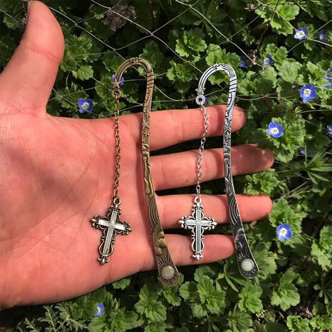 Vintage Metal Cross Bookmark, Unique Glow in The Dark Bookmark Gift for Students, Teachers, Book Lovers, Bookworms (Antique Silver Cross)