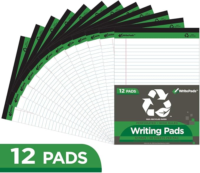 KAISA Legal Pads Writing Pads Recycled Paper, 8.5"x11.75" Wide Ruled, 50 sheets 8-1/2"x 11-3/4" Perforated Writed Pad, White Pack of 12pads, KSU-5293