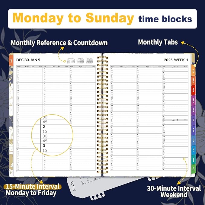 SUNEE 2025 Appointment Book, Quarter-Hourly, Weekly & Monthly - from January 2025 - December 2025, 8.5"x11" Flexible Cover, Notes, Pockets, Bookmark, Spiral Binding, Vintage Floral