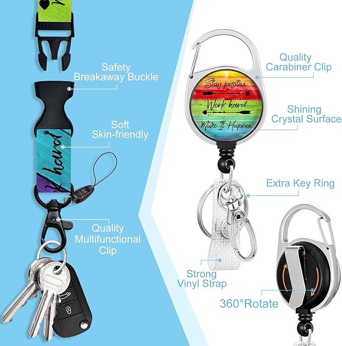 Lanyards for Id Badges, Positive Badge Holder with Retractable Reel Clip, Inspirational Quote Name Tag Keychain Rainbow Lanyard Vertical ID Card Protector for Women Nurse Doctor Teacher Student