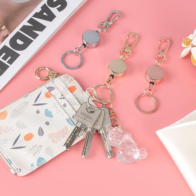 Retractable Badge Holder, Pretty Bling Pink ID Badge Reel with Retractable Cord for Name Card Keychain,Metal Retractable Key Ring for Women Nurse Teacher Student,2 Pack