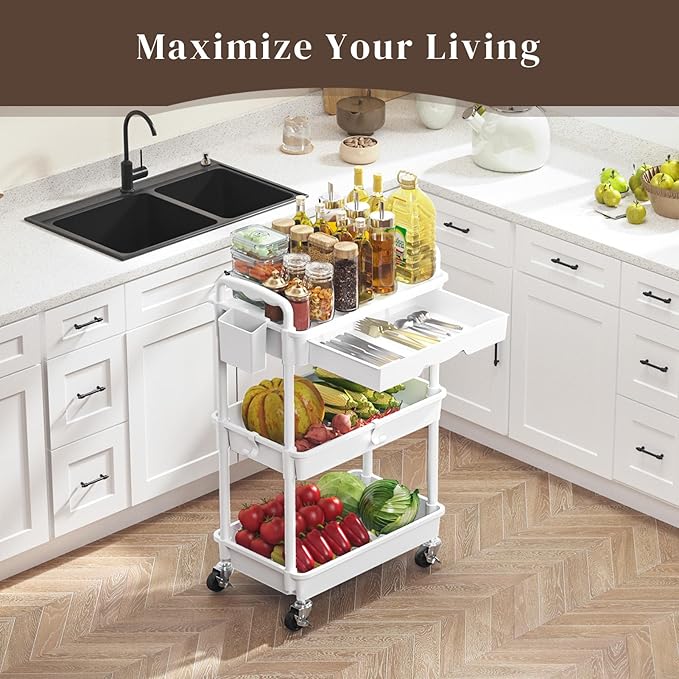 Rolling Utility Cart with Drawer 3 Tier, Utility Storage Organizer with Plastic Shelf & Lockable Wheels Multifunctional Storage Cart for Kitchen, Bathroom, Office, Living Room, White
