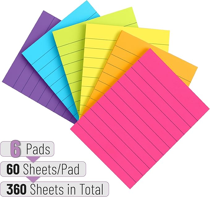 Mr. Pen Lined Sticky Notes - 3x4, 6 Pads, 60 Sheets/Pad, Vibrant Colors