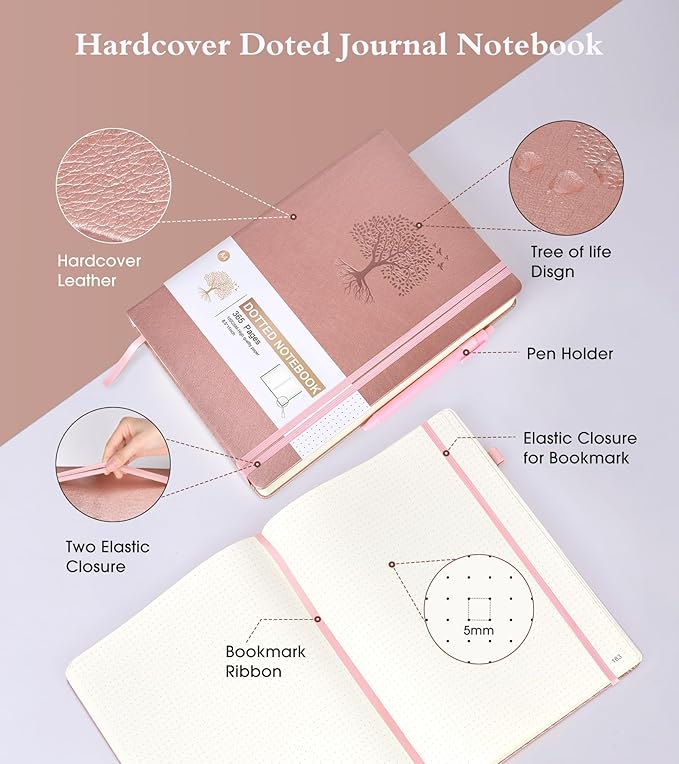 Dotted Journal Notebook, 360 Numbered Pages Dot Grid Notebooks 8.5 x 11, 100gsm Dot Paper Thick Hardcover Leather Journals for Writing Women Men, A4 Large Bullet Dotted Notebooks for Work Pink