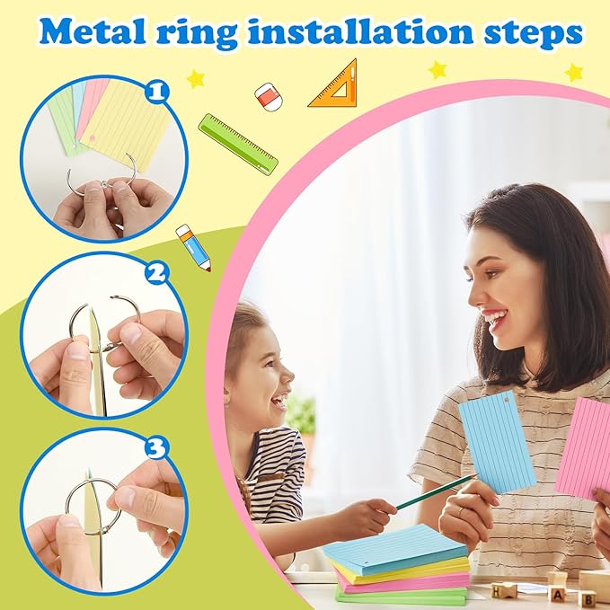 Colored Index Cards 3x5 Inches Flash Cards with Ring Lined Flashcards Note Cards for Studying School Supplies College, 200 Count