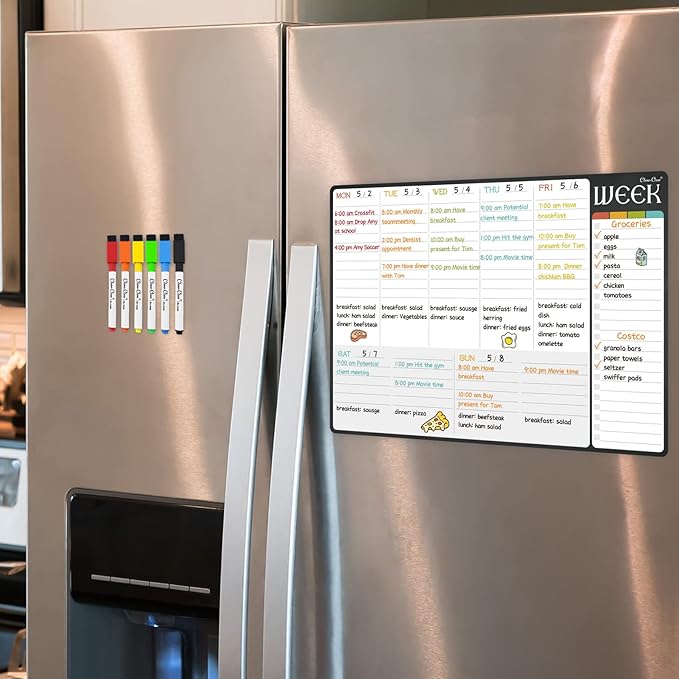 Magnetic Dry Erase Weekly Calendar - 17"x12" Weekly Planner for Fridge - 6 Extra Fine Point Markers Included - Shipped Flat