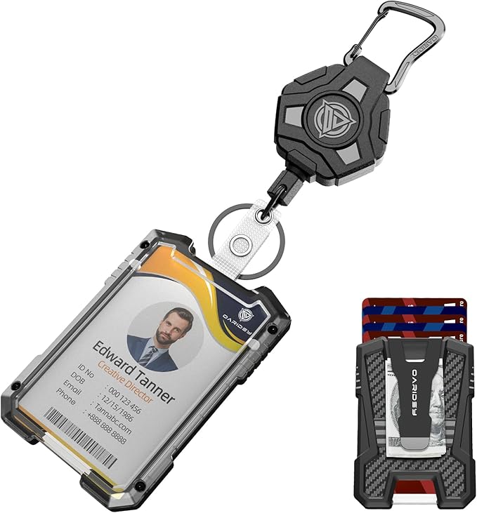 Oaridey Retractable Badge Holders, Heavy Duty Retractable Keychain with Tactical ID Card Holder (Holds 5 Cards), ID Badge Holders with Metal Clip, 31.5' Badge Reel