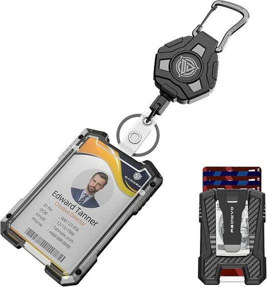 Oaridey Retractable Badge Holders, Heavy Duty Retractable Keychain with Tactical ID Card Holder (Holds 5 Cards), ID Badge Holders with Metal Clip, 31.5' Badge Reel