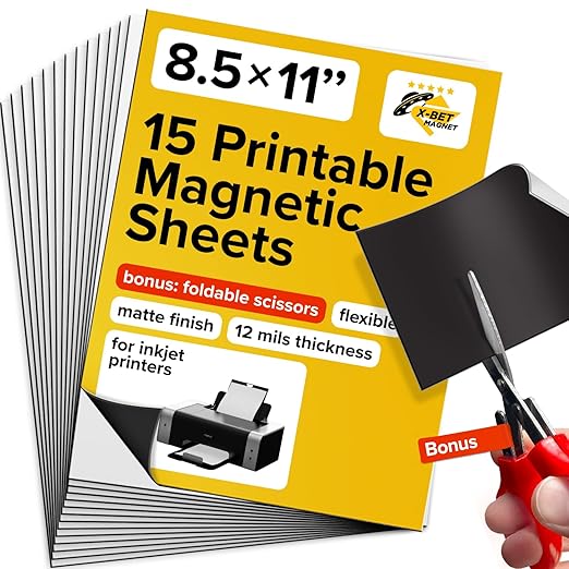 X-bet MAGNET Inkjet-Optimized Printable Magnetic Sheets - 8.5x11 Magnet Paper for DIY Stickers, Decorations, Labels - Easy to Print, Cut & Create Your Own Magnets (Matte, 15pcs)