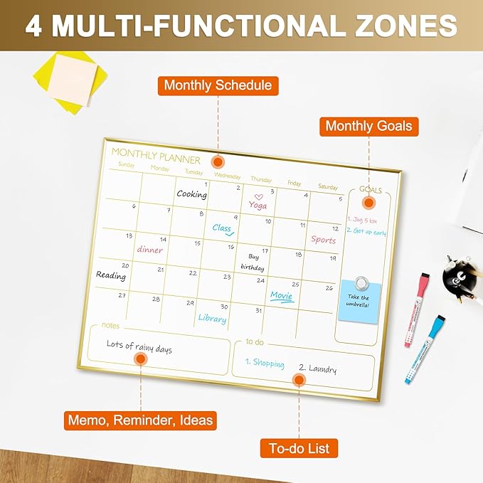 Magnetic Dry Erase Calendar Board for Wall - 24'' x 18'' Monthly Calendar Whiteboard - Gold Aluminum Frame