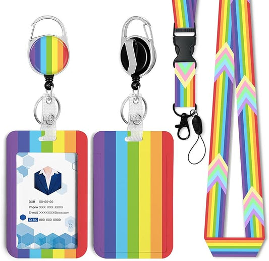Rainbow Vertical Stripes Badge Holder with Retractable Reel and Breakaway Lanyard,Badge Clips Retractable Heavy Duty Badge Reel,Keychain,ID Holder with Breakaway Lanyard for School Nurse Office