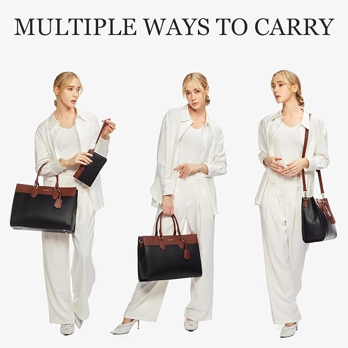 LOVEVOOK Laptop Bag for Women, 15.6 inch Leather Tote Bag Work Business Office Bag Waterproof Briefcase Computer Handbag Shoulder, Black-Brown