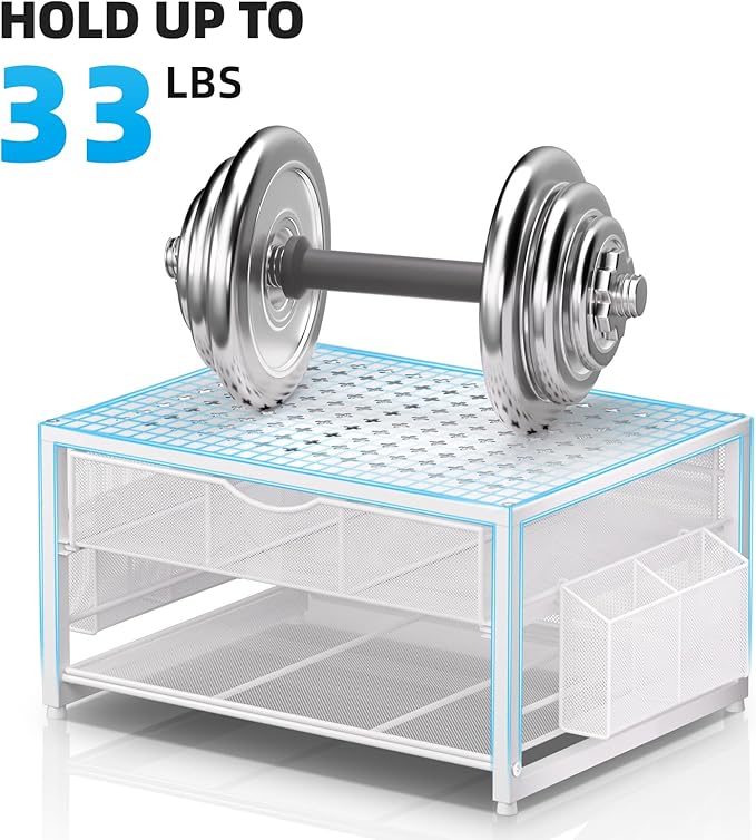 Marbrasse Metal Printer Stand for Desk with Storage Drawer and 2 Pen Holders, 2-Tier Desktop Organizer Printer Table for Home Office, Multi-Purpose Desk Organizer for Fax Machine Scanner Files(White)