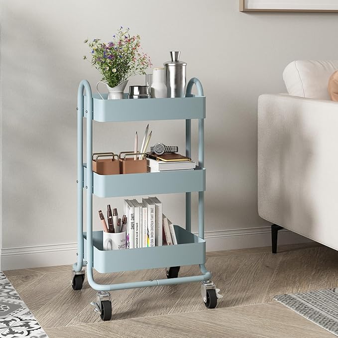 3-Tier Rolling Cart with Wheels,Kitchen Storage Carts or Metal Rolling Utility Cart with Handle,Movable Storage Organizer,Blue Carts for Nursery, Kitchen, Bathroom, Craft Room๏ผ13.4"x18.1"x31"๏ผ