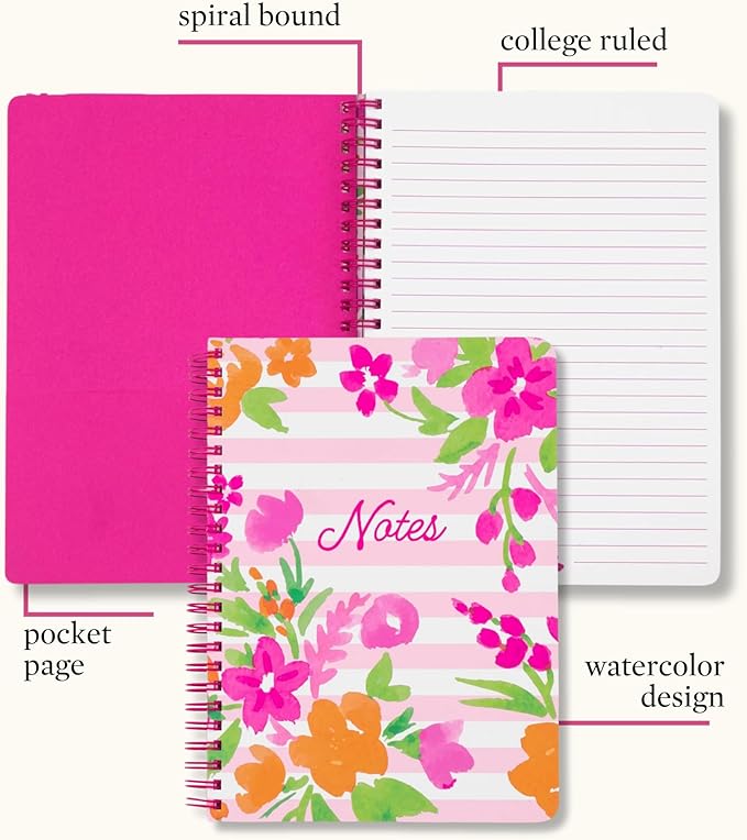 Steel Mill & Co Cute Mini Spiral Notebook, 8.25" x 6.25" Journal with Durable Hardcover and 160 Lined Pages (Watercolor Flowers)