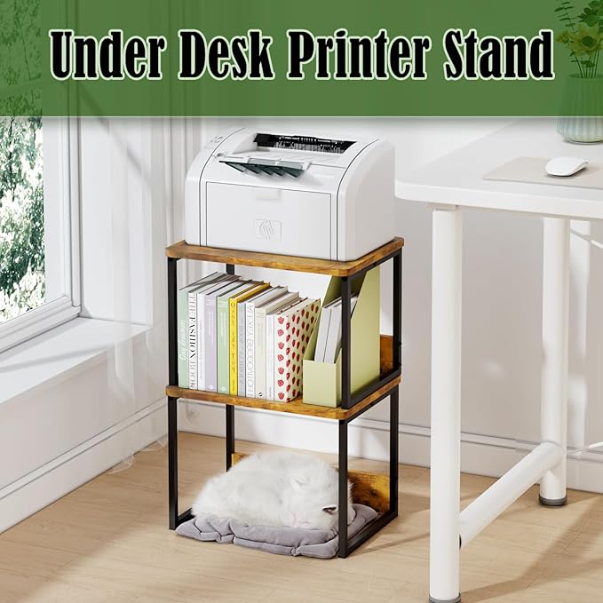 MARTY Desktop Printer Stand 2 Pack Printer Stand with Storage for Desk, Printer Shelf Desk Organzier for Home/Office Printer Riser Under Desk Small Table for Printer Fax Machine Scanner(Rustic Brown)