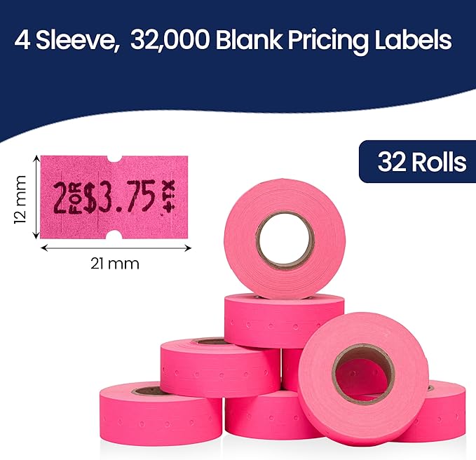 Perco 1 Line Fluorescent Pink Labels - 32 Rolls, 4 Sleeves, 32,000 Blank Price and Date Gun Labels for Perco 1 Line Price and Date Guns - Made in USA