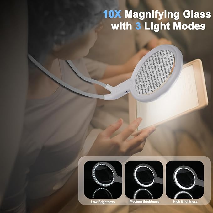 10X Lighted Magnifying Glass, Flexible Gooseneck Magnifier with 36 LED Light, 3 Light Modes, 5.2 Inch Lighted Magnifying Glass Hands Free for Seniors Sewing (White)