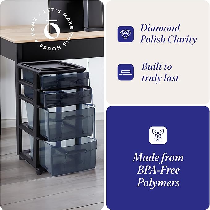 HOMZ 2-Pack 4-Drawer Plastic Storage Cart, Home & Office Organizer, Black-Clear