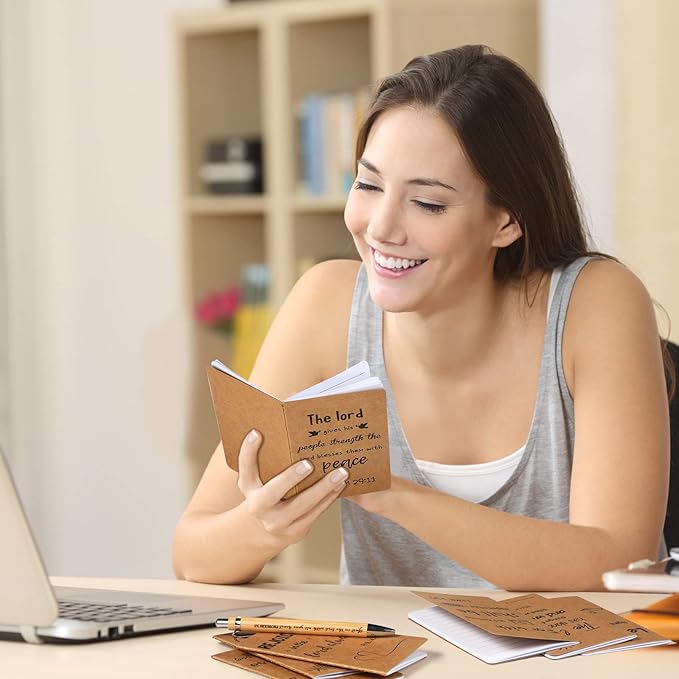 Funrous 32 Pcs Motivational Quote Pens Inspirational Notepads Mini Journal with Ballpoint Pen Small Notebooks Gift Set for Men Women Coworkers, Adult Party Favors Prizes Gift Bulk(Bible)