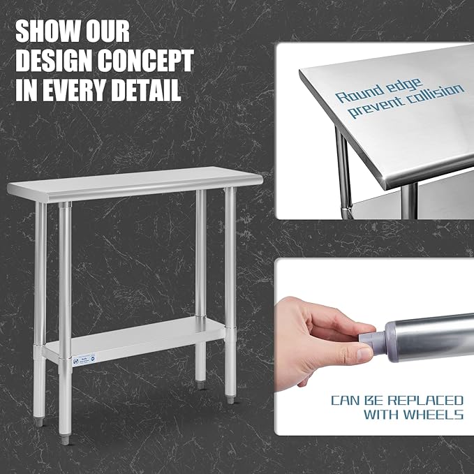 Hally Stainless Steel Table for Prep & Work 14 x 36 Inches, NSF Commercial Heavy Duty Table with Undershelf and Galvanized Legs for Restaurant, Home and Hotel