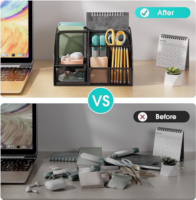 MaxGear Office Desk Organizer - 6 Compartment Pen Holder & Drawer, Metal Mesh Desktop Organizer with Non-Slip EVA Pad, Black Desk Caddy, 8.7" x 5.5" x 5"