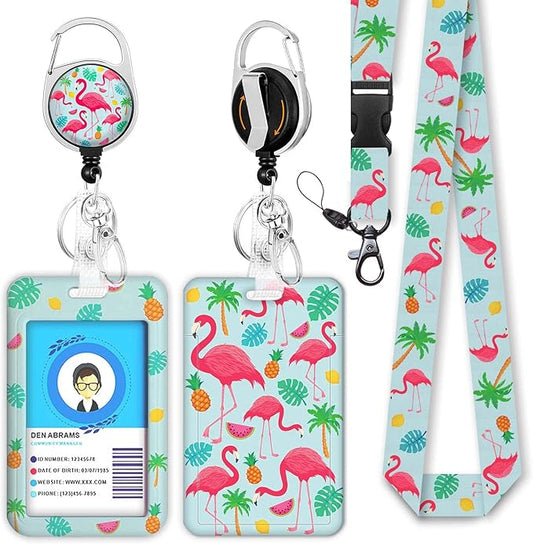Teacher Lanyards for ID Badges and Keys, Retractable ID Badge Holder with Lanyard, Cute Flamingo Badge Reel Heavy Duty with 360 Degrees Rotate Carabiner Clip, Nurse Student Office Gifts