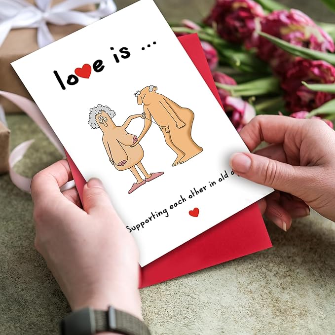 Wedding Anniversary Cards for Couple, Funny 40th 50th 60th Anniversary Card for Husband Wife Parents, Naughty Valentines Day Cards for Older, Love Is Supporting Each Other in Old Age