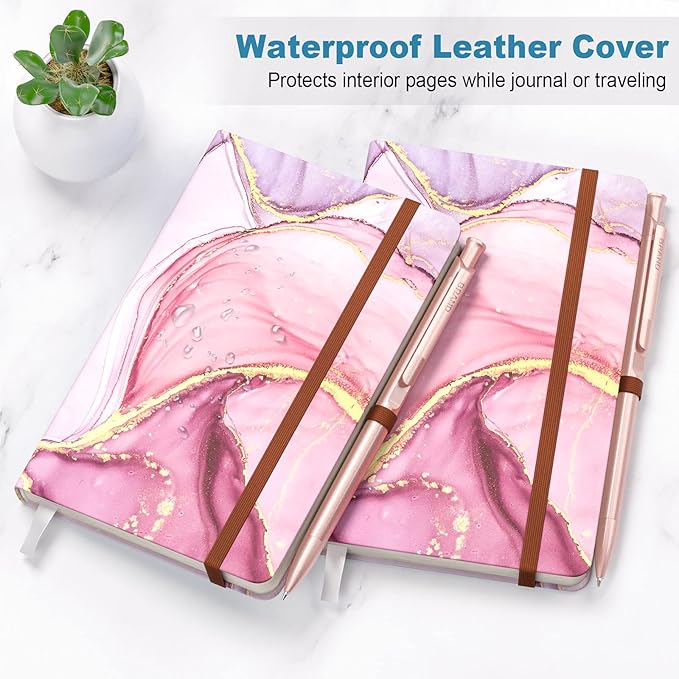 Small Notebook, Mini Pocket Journal A6 5.7" x 3.9", Leather Hardcover Journal with Pen Holder, 160 Thick Papers, Cute Lined Notebook Small Notepad for Women Writing Work Travel, Pink Marble