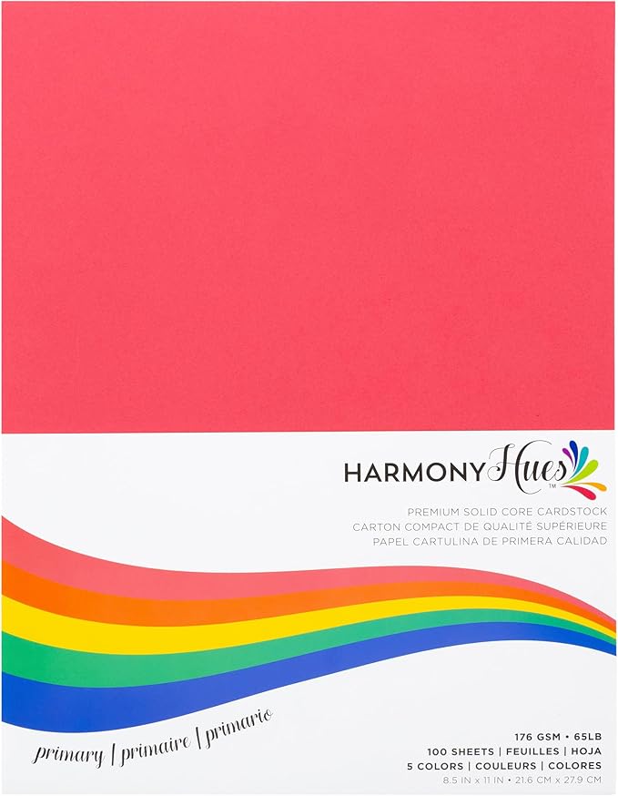 Cardstock 8.5 x 11 Paper Pack - 65lb Smooth Card Stock for Crafts, Cardmaking, Printers - 100 Scrapbook Sheets, 5 Assorted Colors - Double Sided with Solid Core, Primary