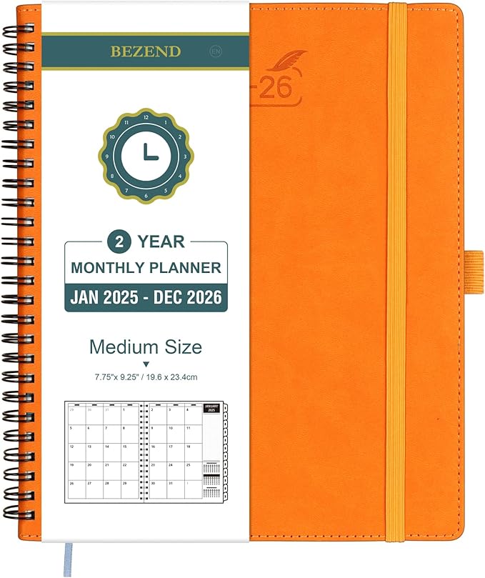 BEZEND 2 Year Monthly Planner 2025-2026 Medium Size 7" x 9" (Jan 2025 - Dec 2026) Spiral Calendar Book with Tabs, 120 GSM Thick Paper, Storage Pockets & Notes, PU Leather Softcover in Orange