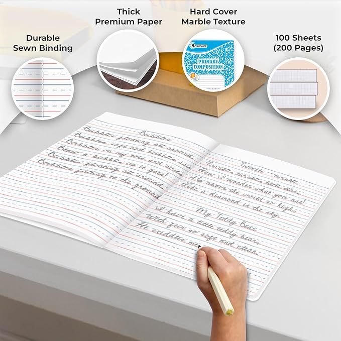 12 Pack Primary Composition Notebooks, 200 Pages (100 Sheets), Primary Ruled Composition Notebook for Kids, 9-3/4" x 7-1/2", Grades K-2 Writing Workbook, Writing Dotted Lined, Assorted Marble