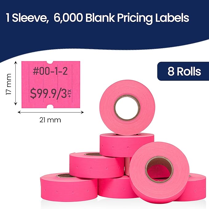 Perco 2 Line Fluorescent Pink Labels - 8 Rolls, 1 Sleeve, 6,000 Blank Price and Date Gun Labels for Perco 2 Line Price and Date Guns - Made in USA