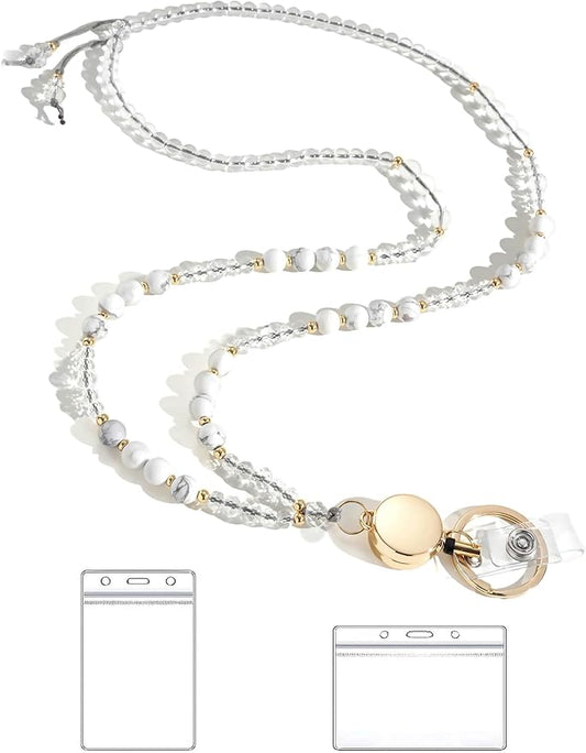 Lanyards for ID Badges and Keys,Natural Stone Beaded Teacher Lanyard for Women,Retractable Lanyard with ID Holder Cute Lanyards for Teachers(White)