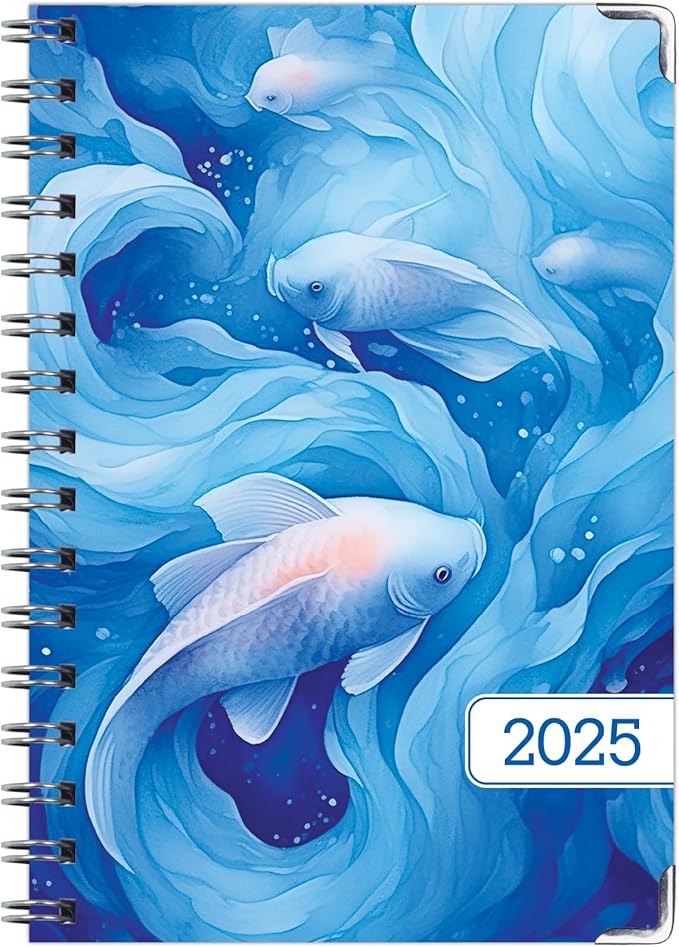 HARDCOVER 2025 Planner, 5.5"x8": 14 Months (November 2024 - December 2025), Daily Weekly Monthly Planner, Yearly Agenda, Bookmark, Pocket Folder and Sticky Note Set (Blue Koi)